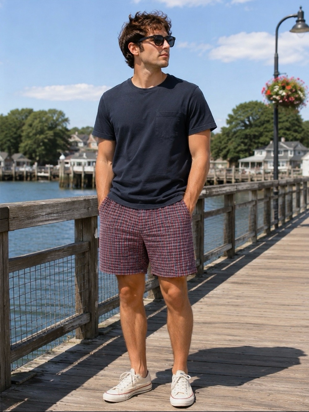 Polo Ralph Lauren madras plaid seersucker fabric red blue flat front shorts 40 W